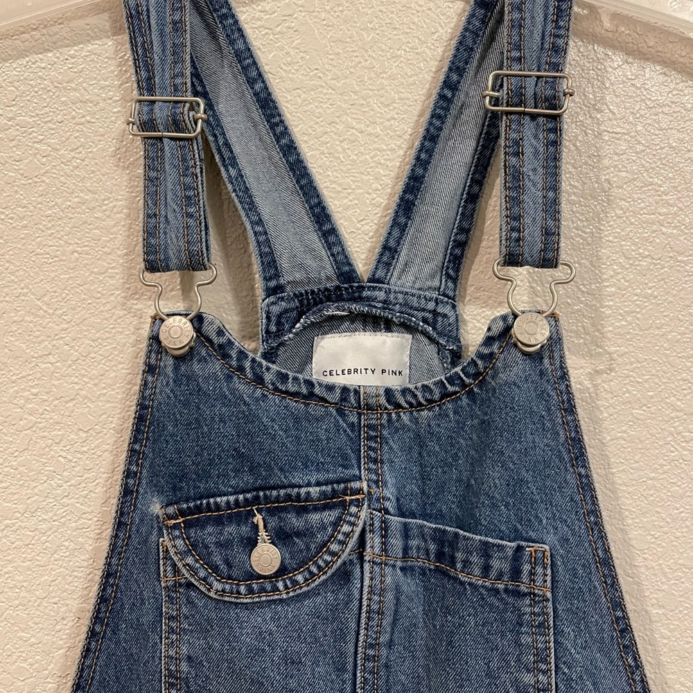 Celebrity Pink Denim Overalls with heart accent buttons - Picture 2 of 8